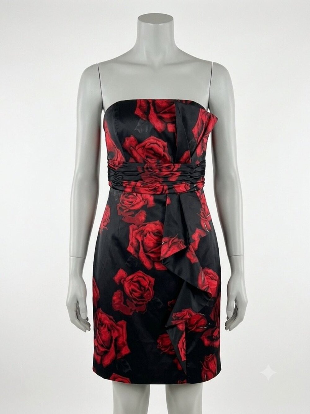 White House Black Market Strapless Red Rose Satin Sheath Dress Ruched Ruffle 12